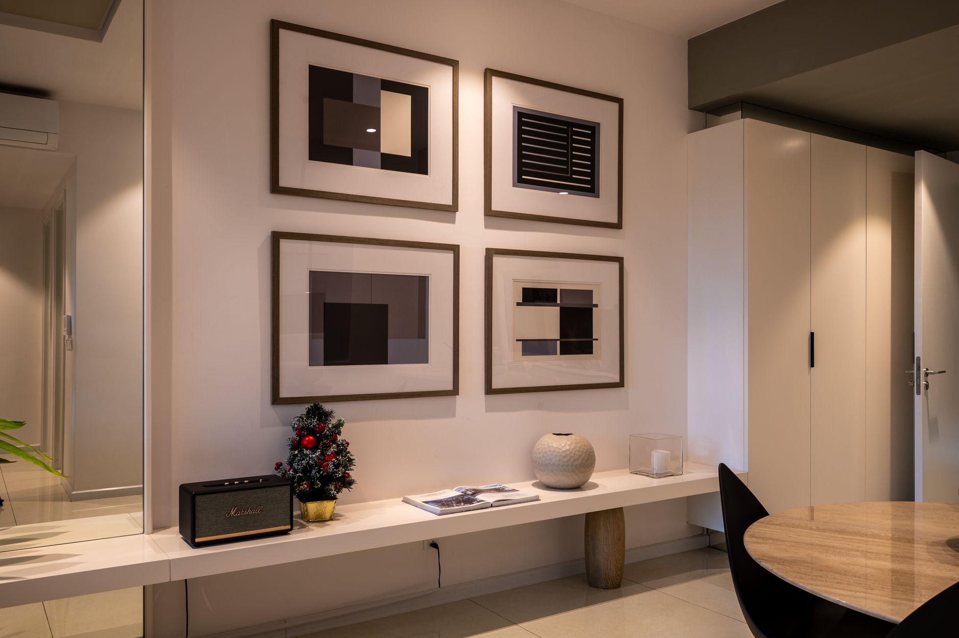 Living room interior with framed wall art