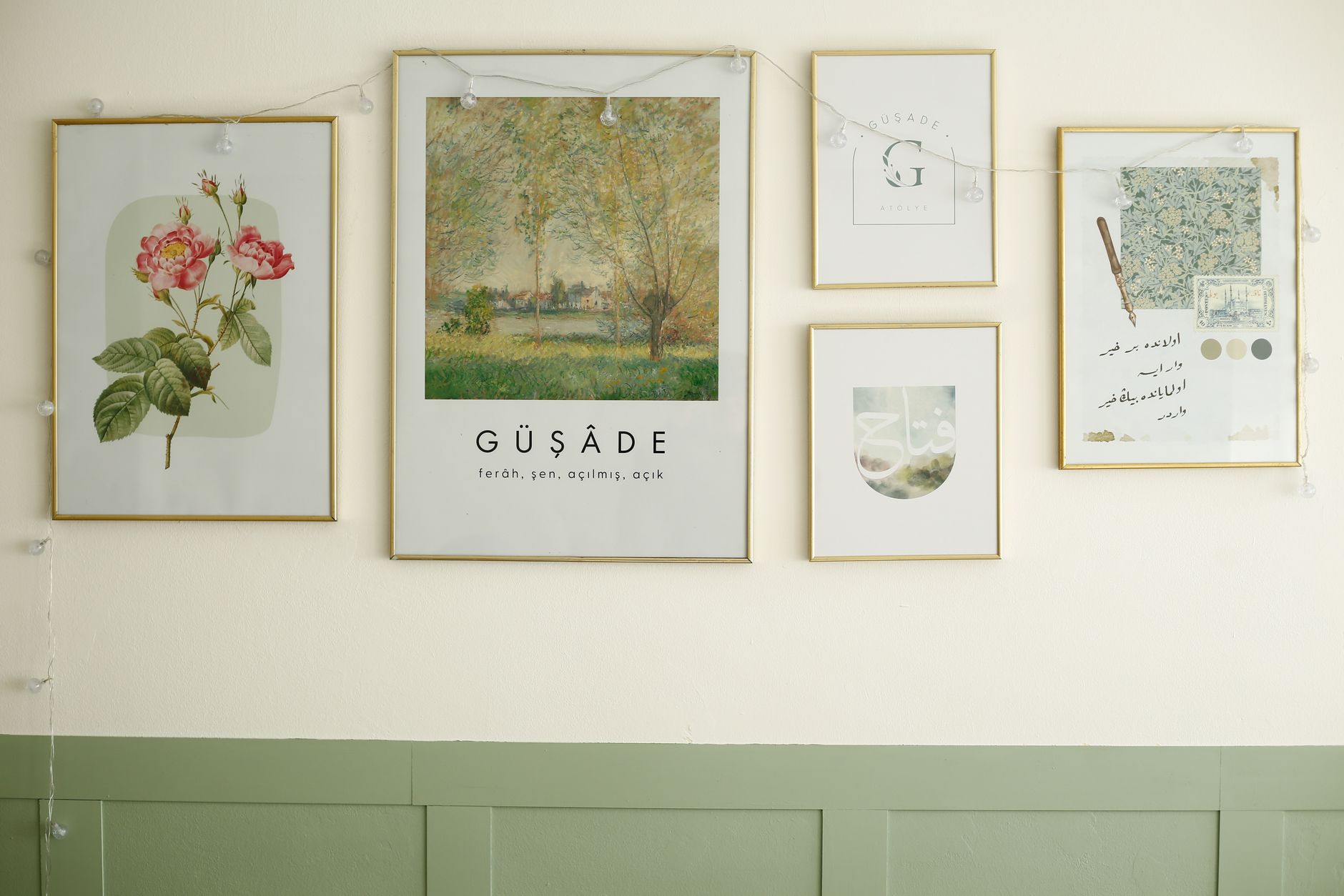 Botanical and abstract framed prints on a wall